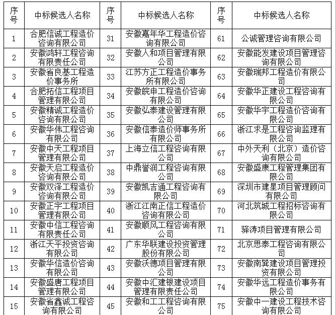 造價咨詢中介庫一標段中標候選人名單1